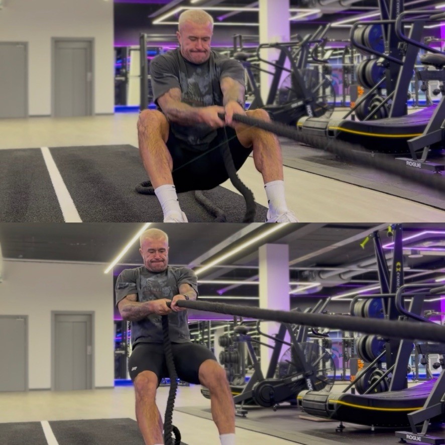 Danny training with battle ropes — two views of the workout